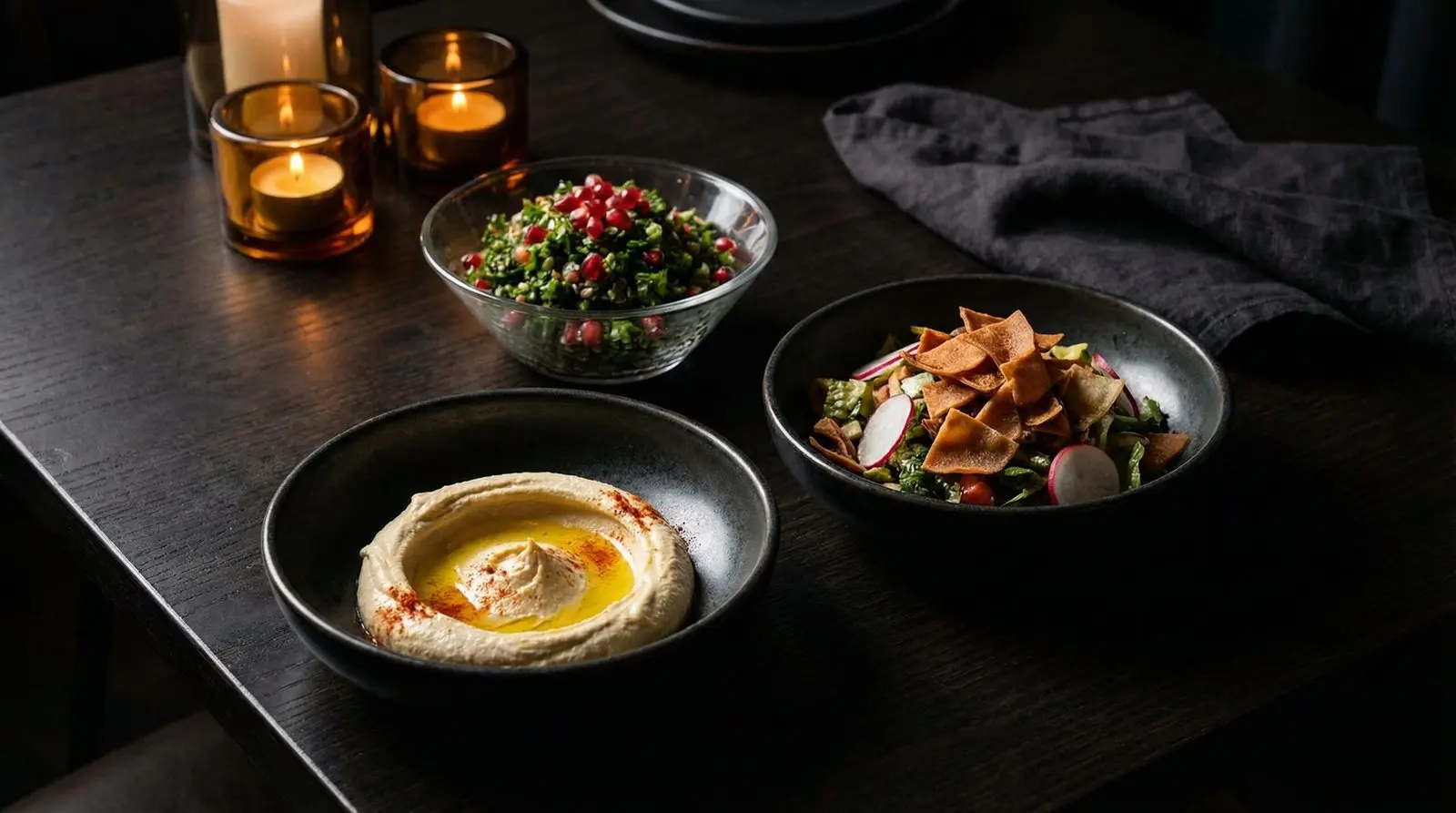 Dunya Lounge handcrafted mezze spread with hummus, tabbouleh, and fattoush on a dark table