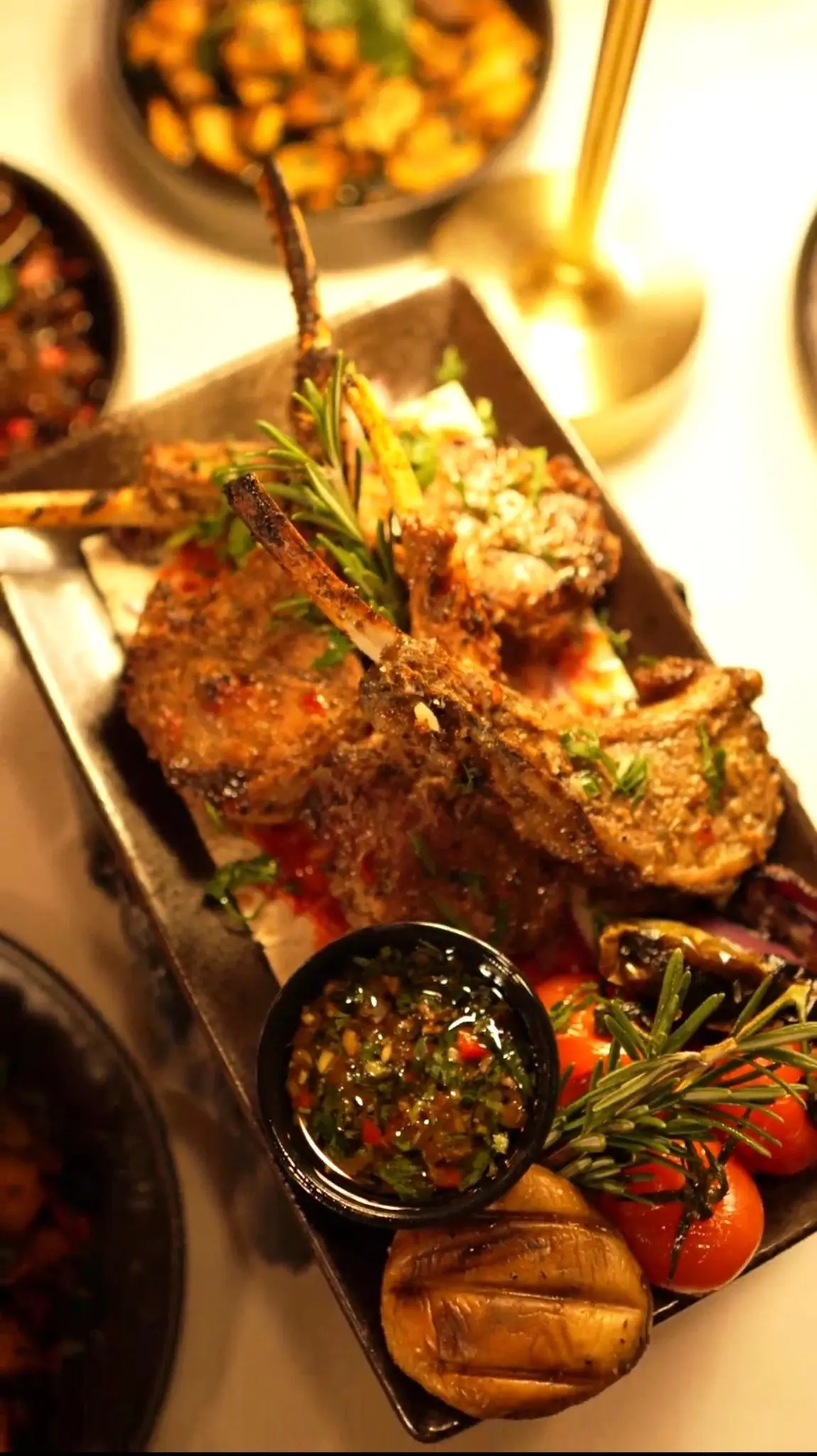 Grilled lamb chops with rosemary and chimichurri at Dunya Lounge